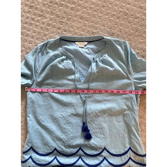 Boden Willa Flowy Peasant Blue Tassel Scalloped Hem Lined Top Boho Flirty Sz 6 - Picture 14 of 16